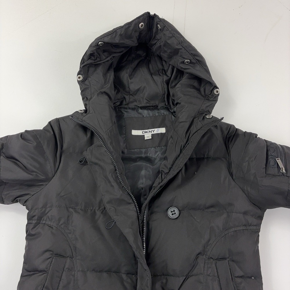 DKNY Jacket Womens Medium Black Down Puffer Hooded Ribbed Hem Zip Pockets Warm - Picture 8 of 12